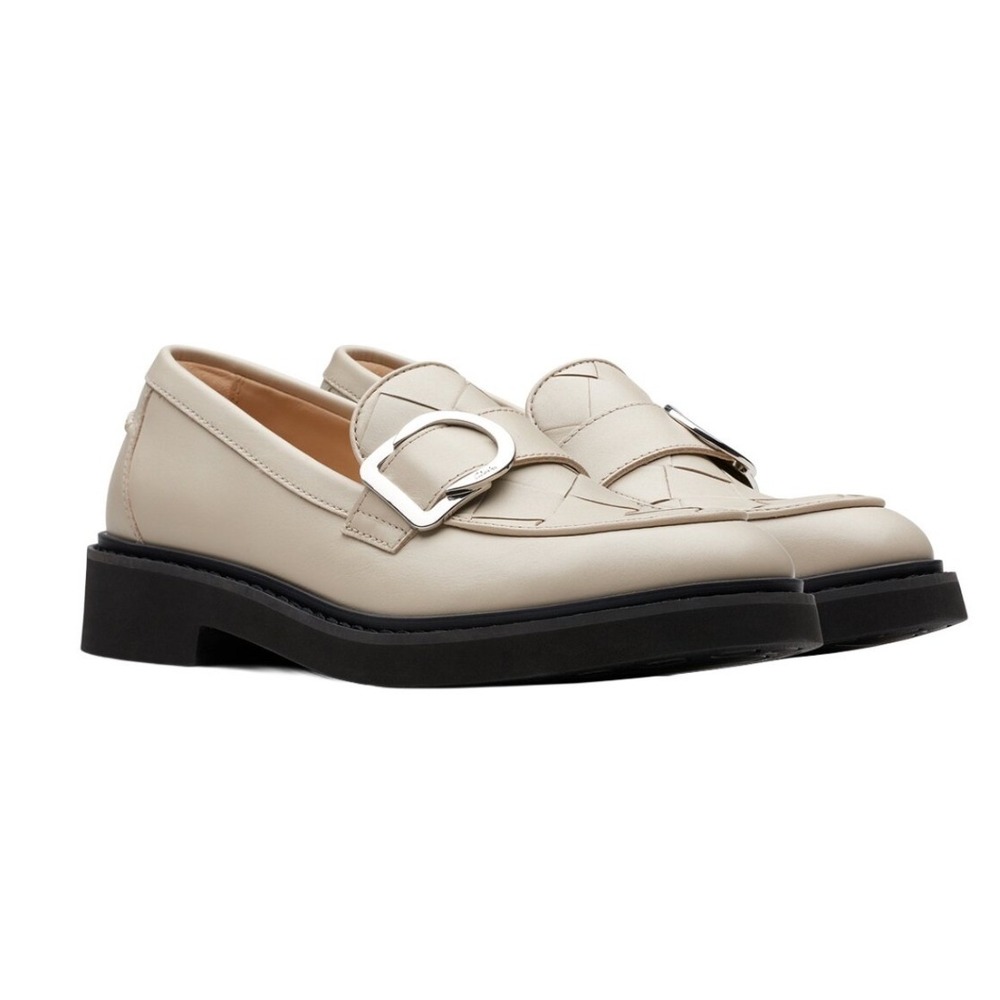Clarks Splend Penny Loafers Ivory Leather Woven Buckle Womens NWOB Sz 10